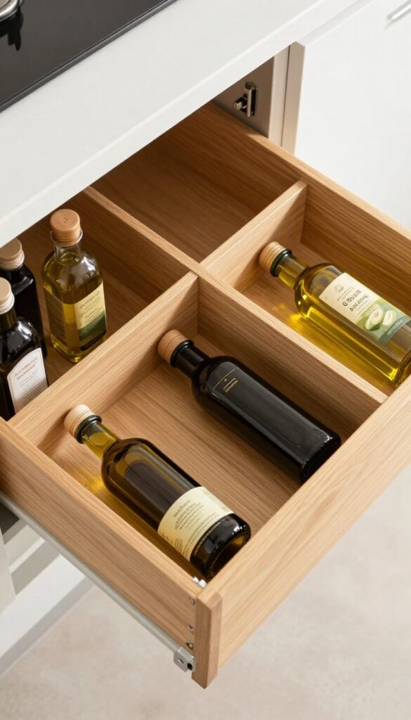 Deep drawer with wooden dividers organizing oil bottles on their sides