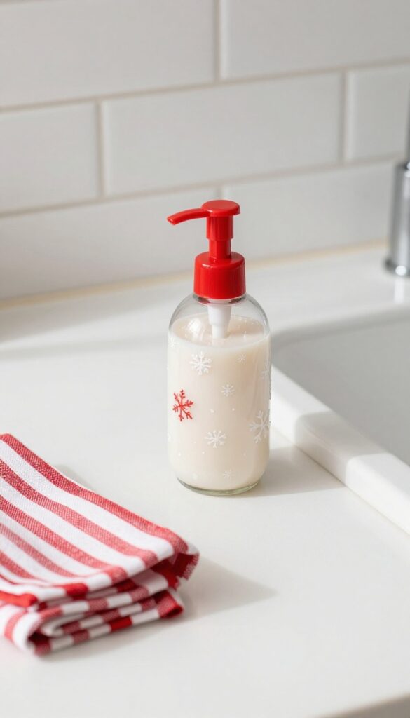 Close-up of a holiday soap dispenser with red pump and snowflake decal on a clean kitchen counter by a sink, with a red striped towel nearby.