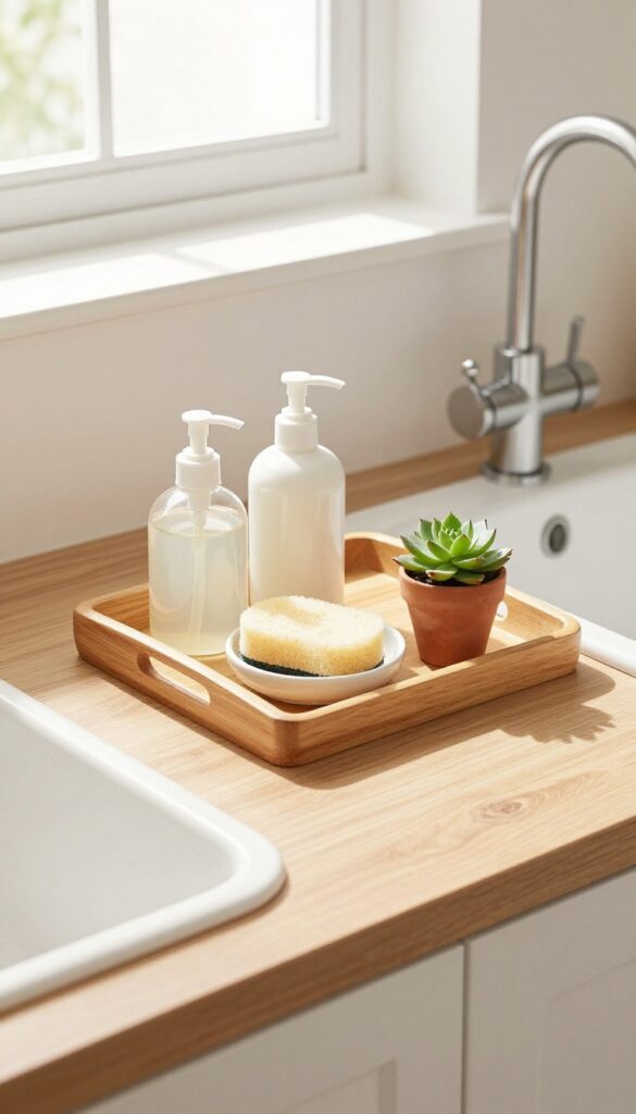Wooden tray with soap, lotion, and succulent beside kitchen sink