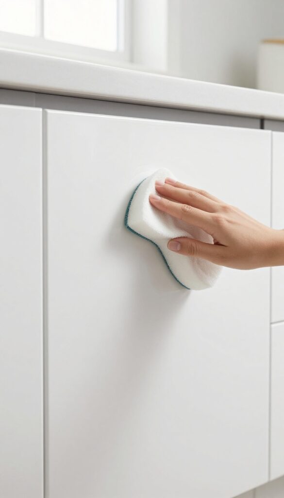Hand using a magic eraser to clean a scuff mark on a glossy kitchen cabinet