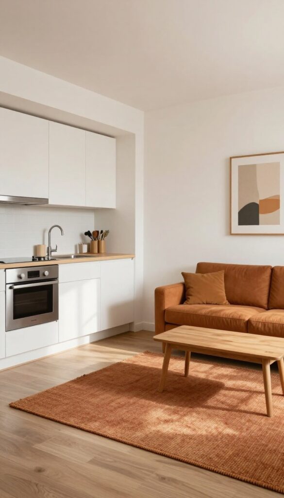 Small open kitchen and living room with a warm terracotta rug defining the living zone, cozy weekend refresh decor.