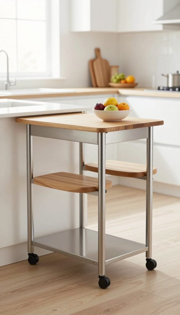 Slim rolling cart with fold-down counter and two stools in a bright modern kitchen
