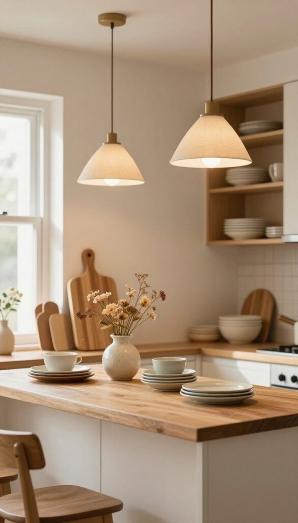 Warm kitchen with two plug-in pendant lights over sink, cream fabric shades, soft glow, natural light, open shelving, cozy atmosphere