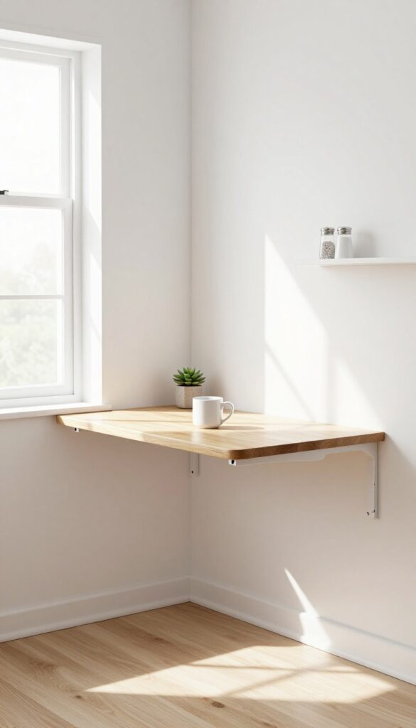 Fold-down table under bay window in modern kitchen nook with coffee mug and plant