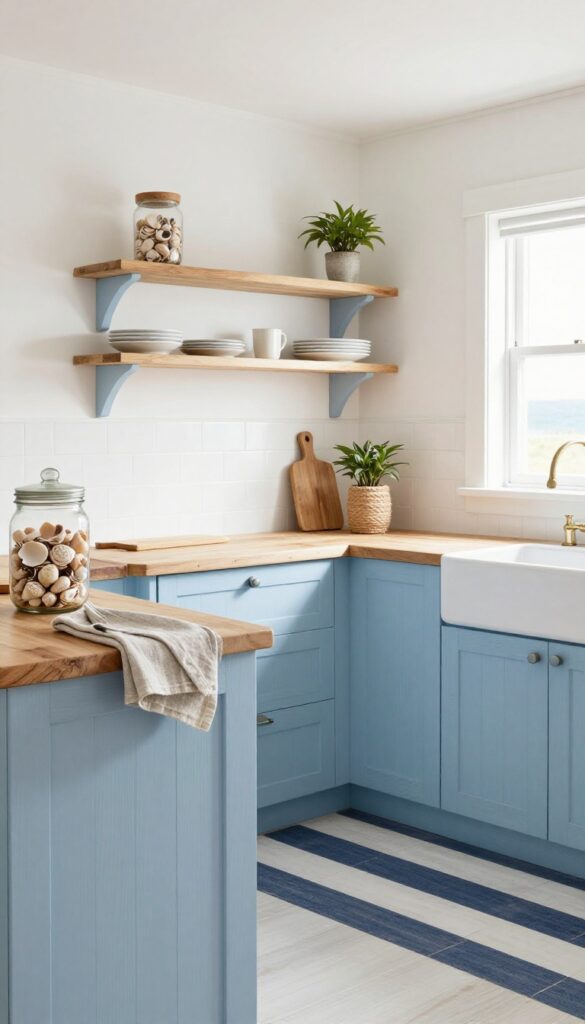 Coastal cottage apartment kitchen with blue and white decor, seashells in jar, rope accents, driftwood shelf, and natural light