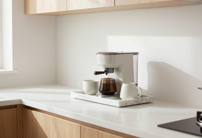 Organized kitchen countertop with a coffee station on a marble tray, natural light, and clean white surfaces.