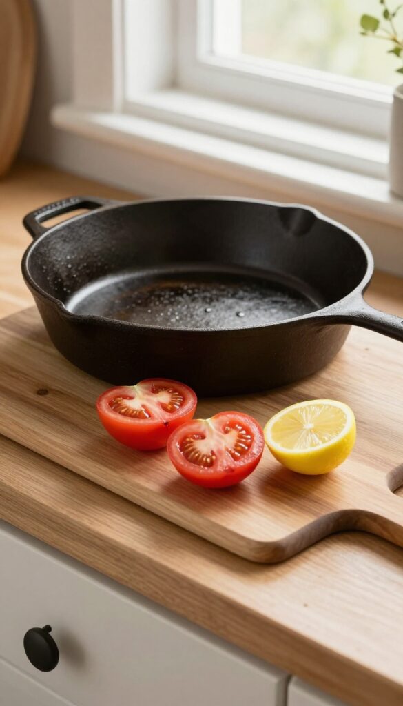 Cast iron skillet with acidic foods like tomatoes and lemons on a cutting board, natural light, rustic kitchen