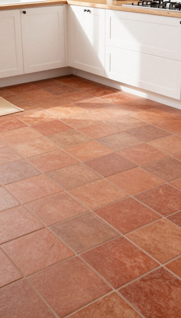 Brick-look porcelain floor tiles in a kitchen with white cabinets and butcher block countertop, warm natural light