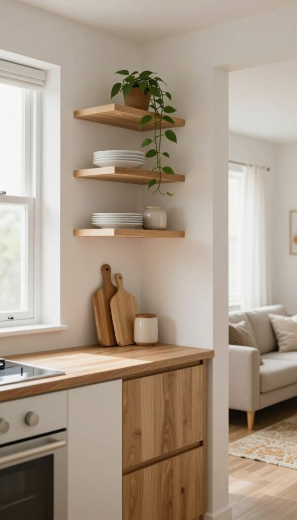Open shelving in a small kitchen with warm wood shelves, white dishes, and a trailing plant, open to a cozy living room.