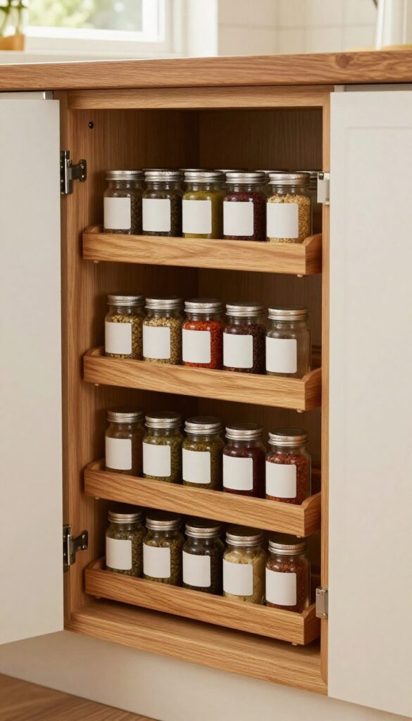 Open kitchen cabinet door with tiered wooden spice racks holding uniform glass jars, warm natural light, clean composition.