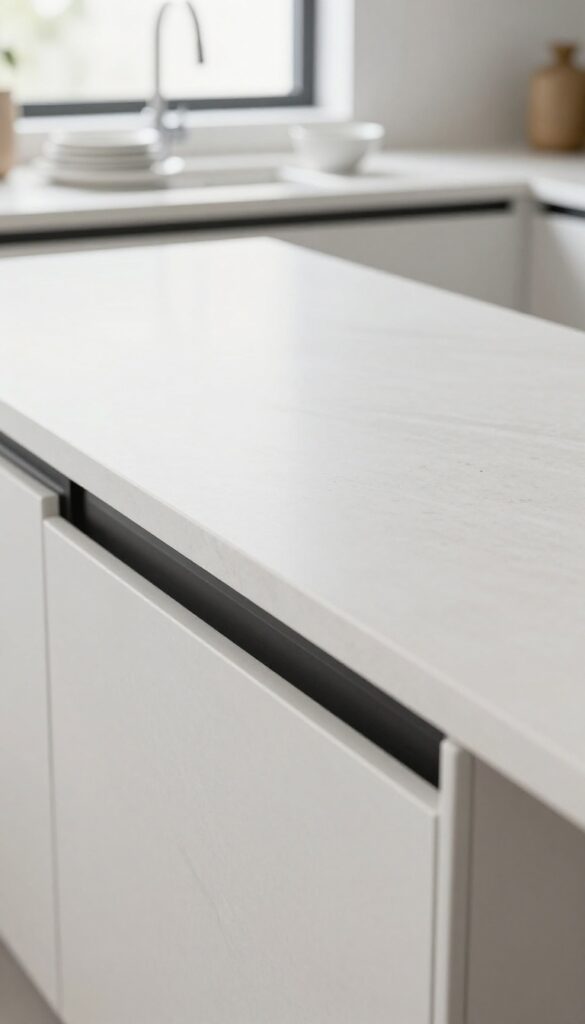 White quartz kitchen island countertop with integrated drainboard grooves and dishes air-drying, bright natural light, minimalist style.