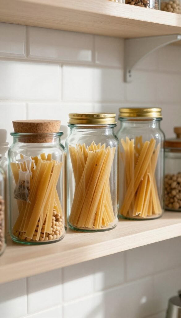 Kitchen wall shelf with vintage glass jars and canisters filled with dry goods, natural light, cozy decor