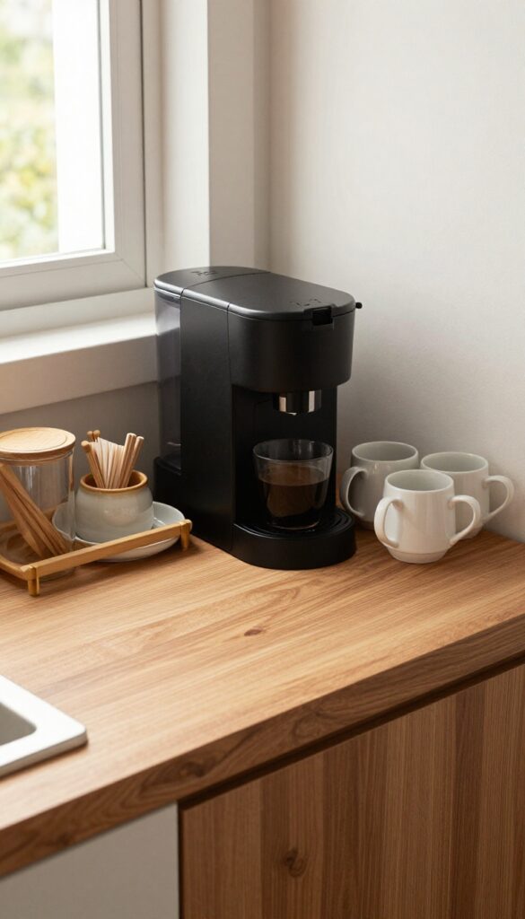 Cozy kitchen alcove coffee station with butcher-block counter, black coffee maker, ceramic mugs hanging on rail, and bright natural light.