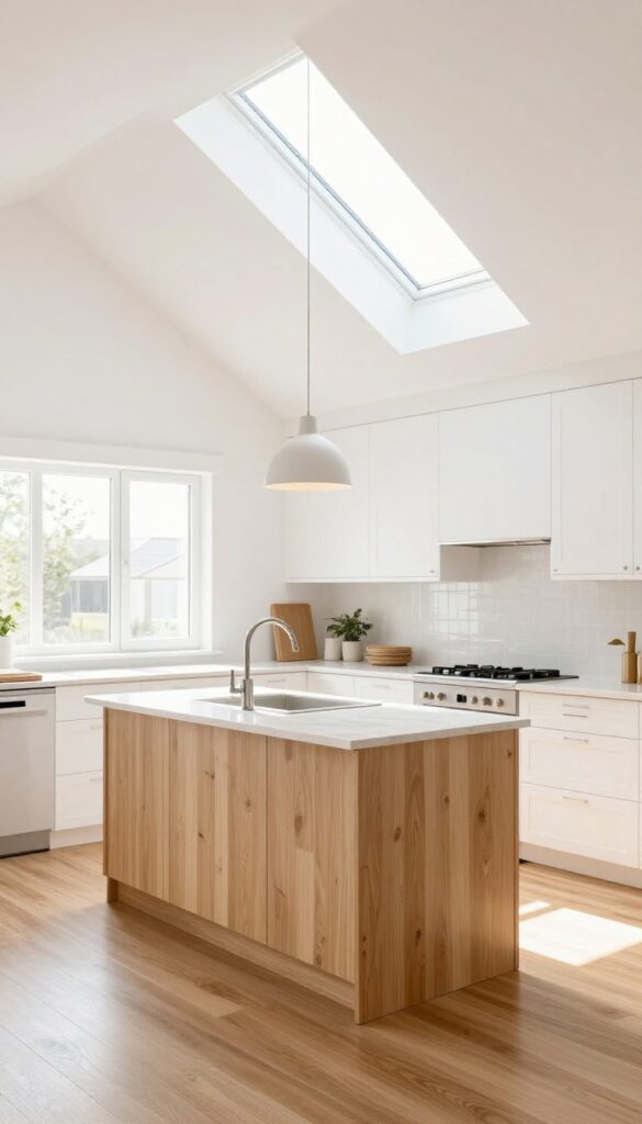 Bright kitchen with ridge skylight along sloped ceiling, sunlight flooding the room, white cabinets and central island, open-plan layout.