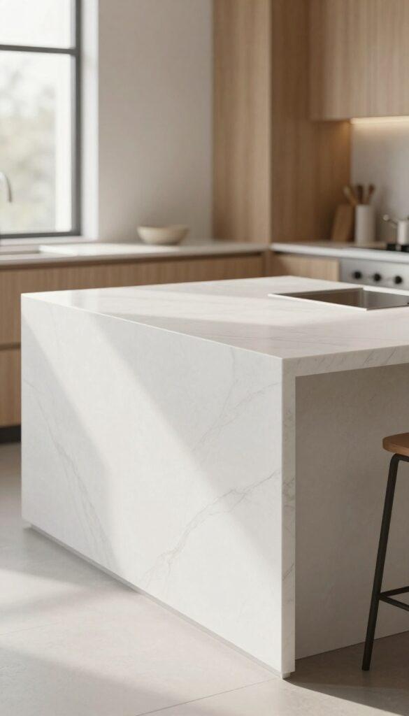 Modern kitchen island with marble-look quartz countertop and waterfall edge, bright natural light