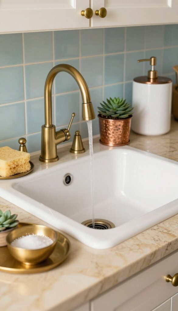 Close-up of kitchen sink with brass faucet, copper soap dispenser, and brass accessories on beige countertop, warm natural light, cozy Indian home decor.