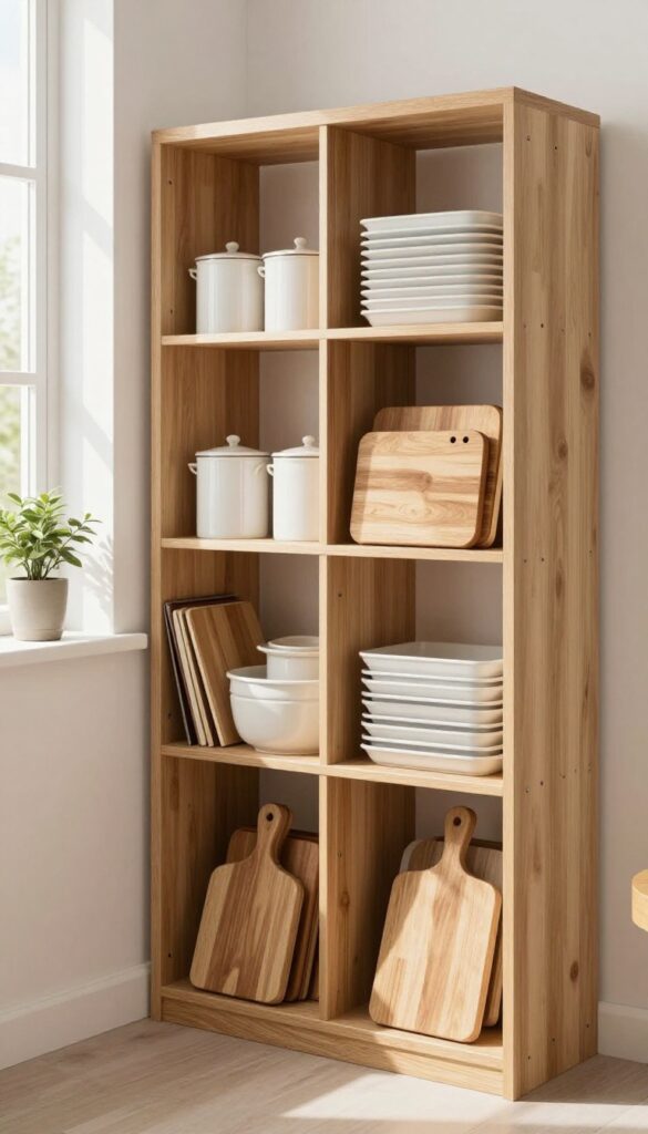Vertical dividers in a pantry organizing baking sheets and cutting boards upright, with natural light and a clean, inviting composition.