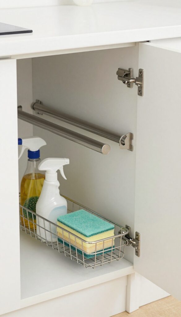 Under-sink cabinet organized with tension rods holding spray bottles and baskets for cleaning supplies.