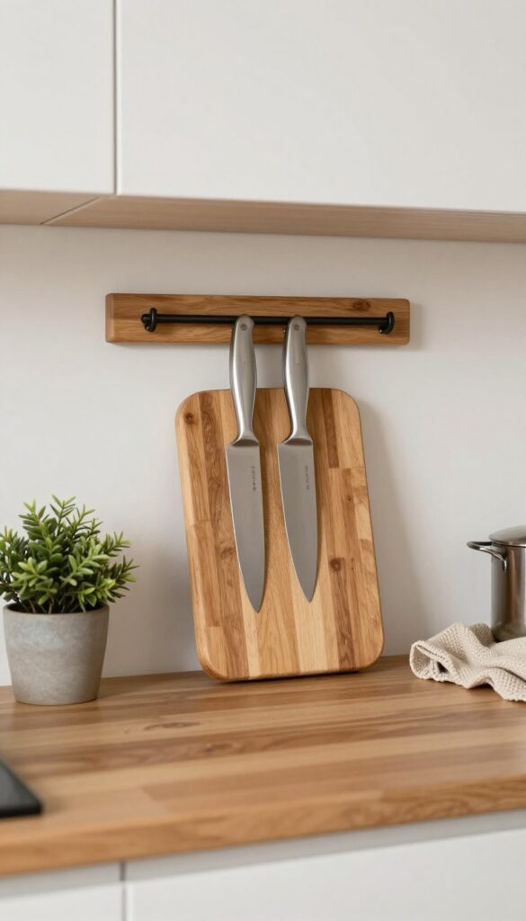 Camper kitchen counter with wooden magnetic knife strip holding knives, cutting board, and plant