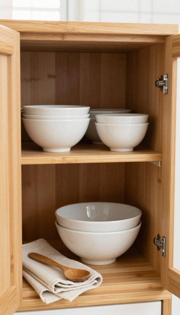 Open kitchen cabinet with bamboo tiered shelf holding white ceramic and stoneware bowls, warm natural lighting, cozy organized look
