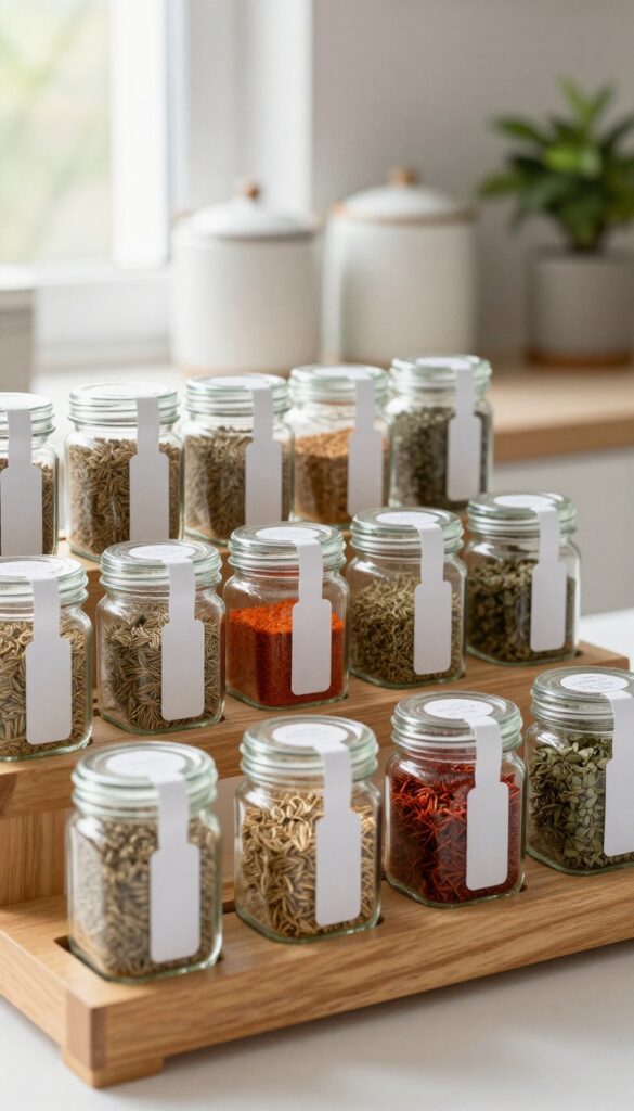 A tiered wooden spice rack on a kitchen shelf filled with uniform clear glass spice jars, styled with natural light and a cozy background.