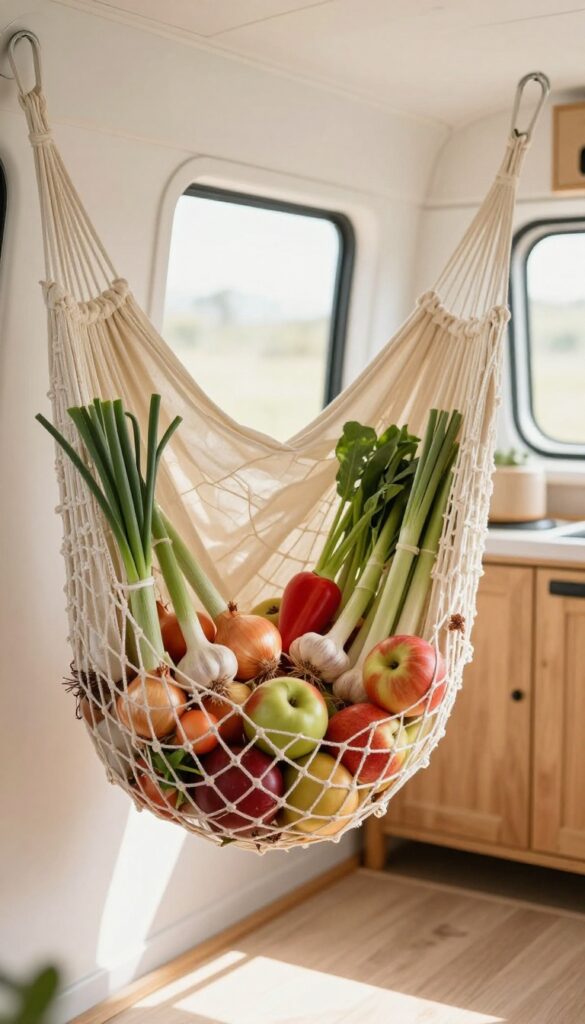 Hanging fruit and veggie hammock in a campervan kitchen, with fresh produce in a cream mesh sling, boho style, bright natural light.