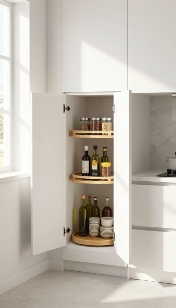 Modern kitchen corner cabinet with bamboo lazy Susan organizing spices and bottles