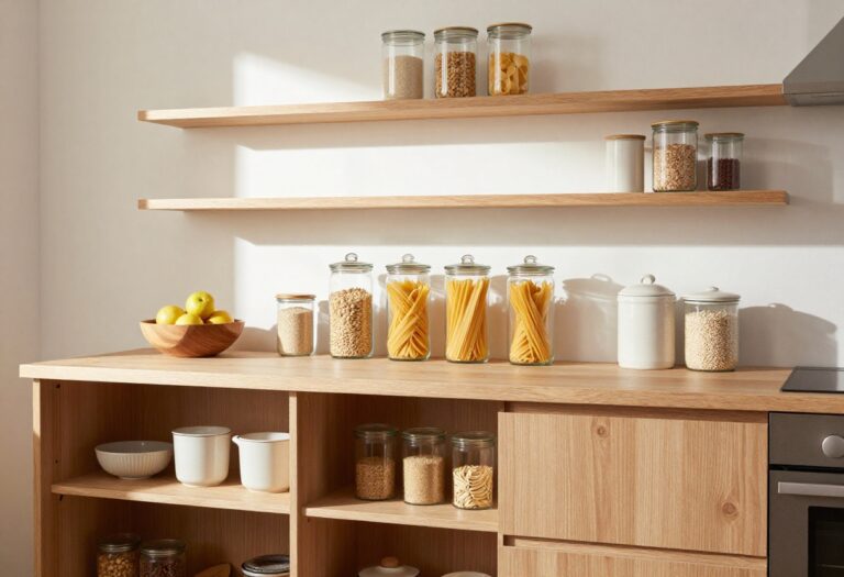 Modern kitchen with organized glass jars and a wooden fruit bowl on the counter