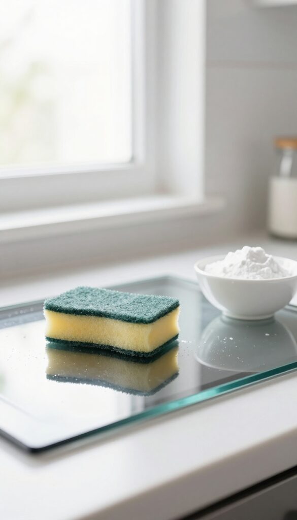 Baking soda scrub on a glass oven door for a streak-free shine