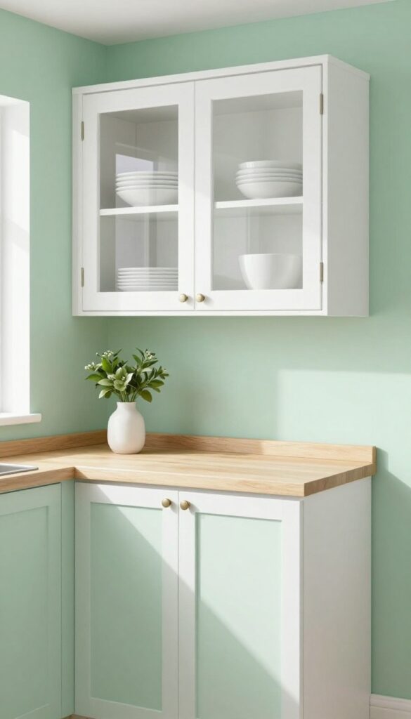 Small kitchen with seafoam green walls and glass-front upper cabinets reflecting light, creating an open and airy feel.