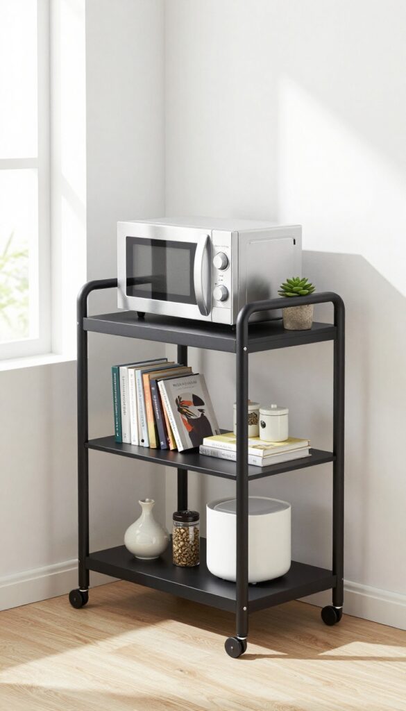 Slim rolling cart in kitchen corner with microwave on top shelf and cookbooks on lower shelves