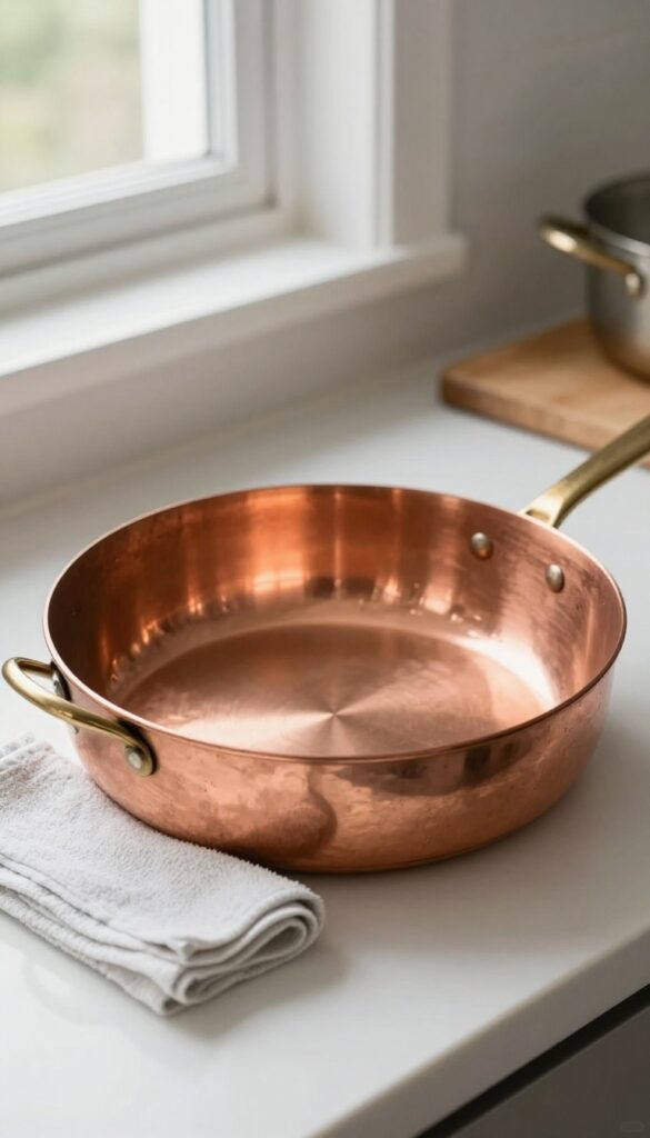 Vintage copper pan being polished on a kitchen counter with natural light