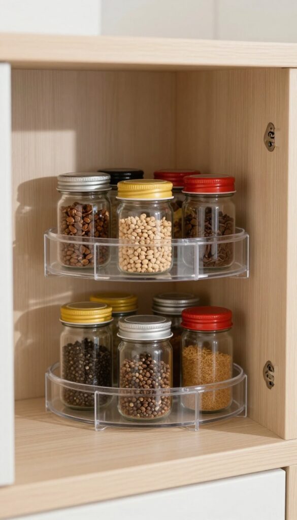 Inside a kitchen corner cabinet with a two-tier clear acrylic lazy Susan holding neatly arranged spice jars and condiment bottles.