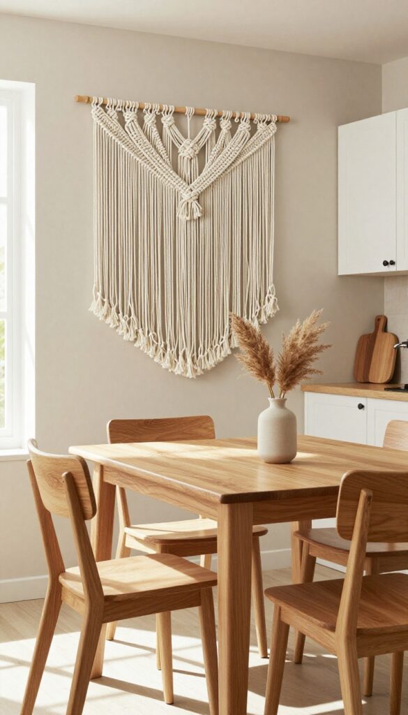 Cream macramé wall hanging above a wooden kitchen table with ceramic vase and pampas grass, natural light, boho decor