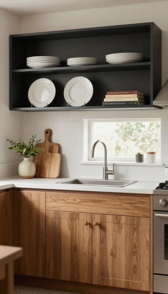 Kitchen with oak cabinets and charcoal open shelves displaying dishes and plants