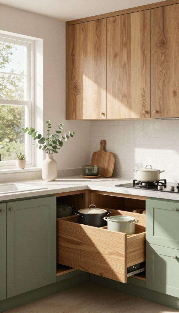 Sage green base cabinets with warm wood uppers in a naturally lit kitchen