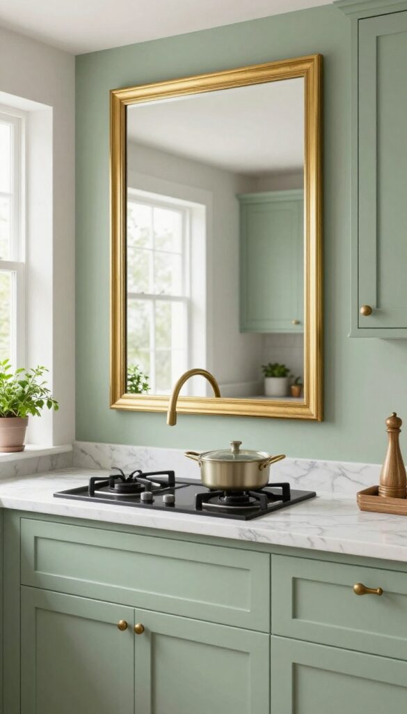 Gold-framed mirror used as a kitchen backsplash alternative behind a stove, with green cabinets and natural light