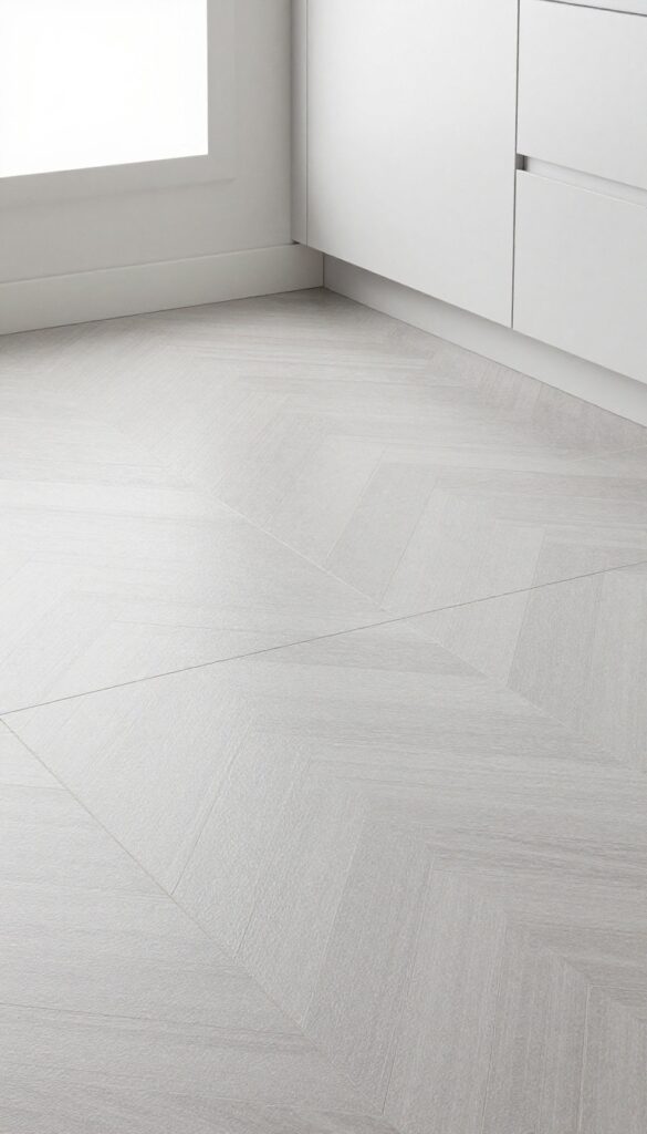 Small kitchen floor with ceramic tile herringbone pattern in warm gray glossy finish, bright natural light, minimal white cabinets in background.
