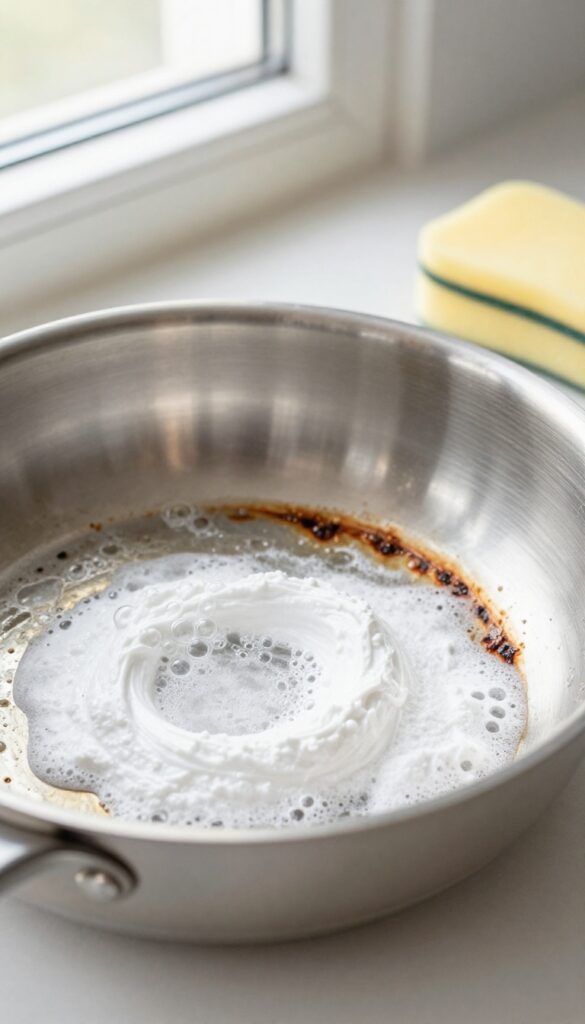 Hydrogen peroxide and baking soda paste fizzing on a burnt stainless steel pan