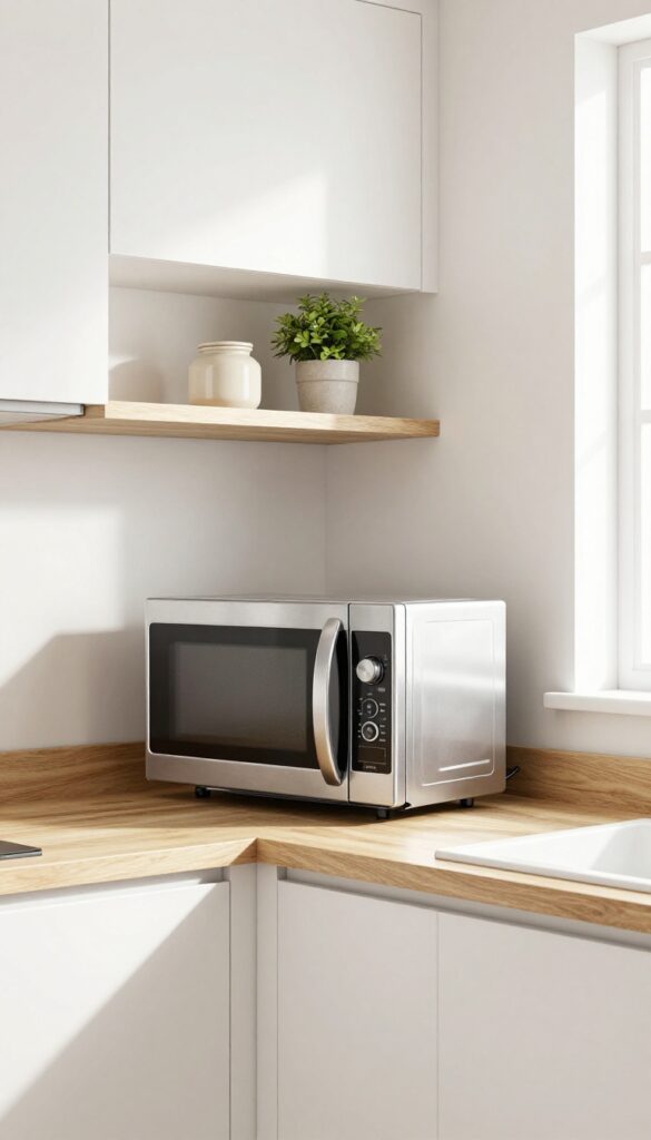 Floating shelf with microwave and sliding tambour door in a bright kitchen corner