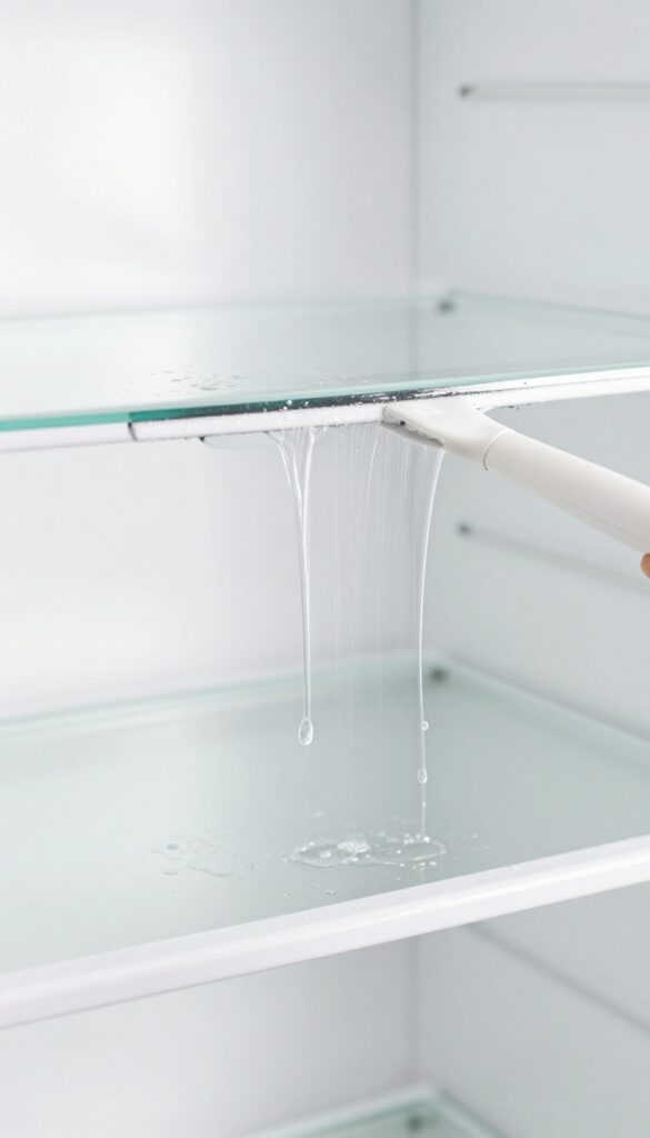 Using a squeegee to remove excess water from a refrigerator shelf