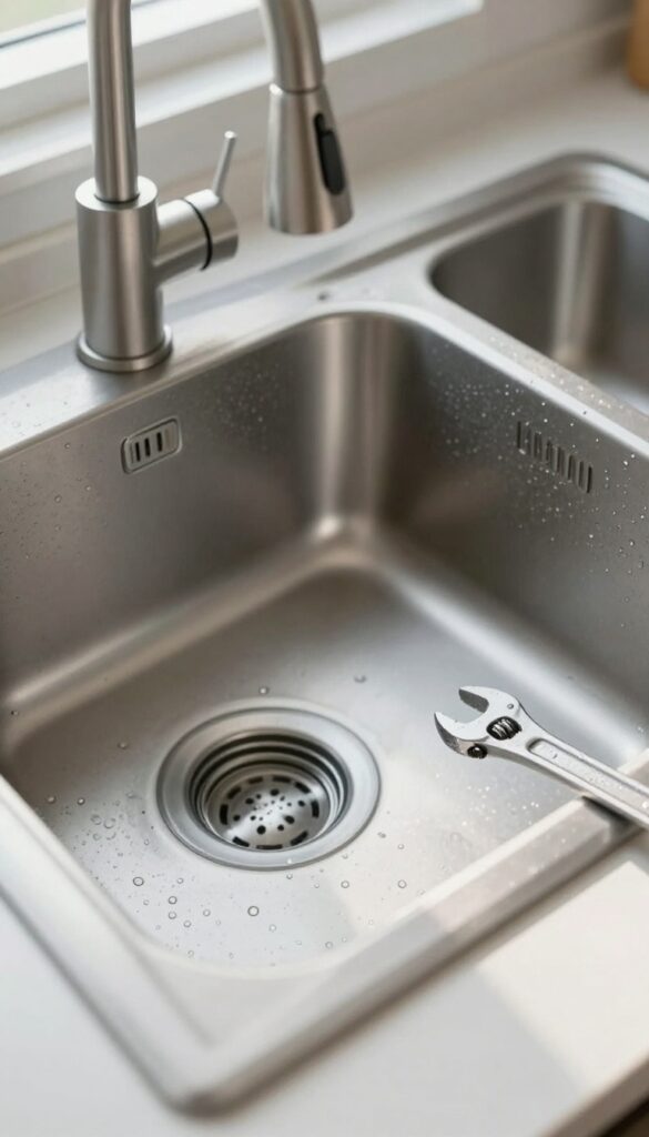 Kitchen sink with garbage disposal and plumber's wrench, indicating a need for professional repair