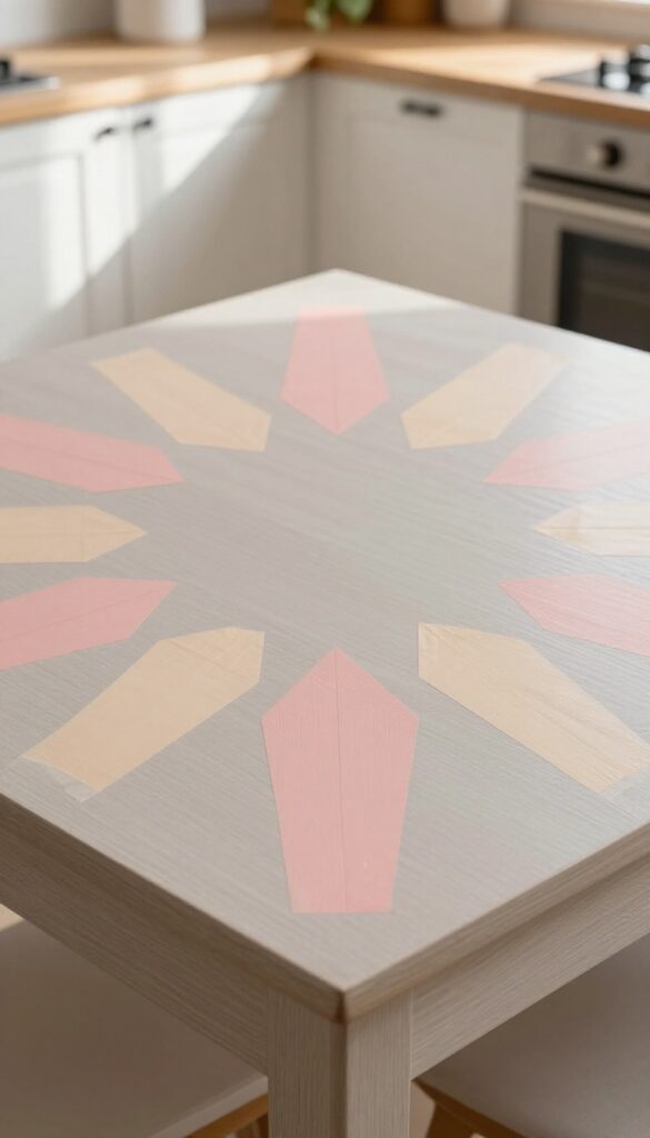 Square kitchen table with color-blocked geometric diamonds in pastel earth tones on a neutral gray base, natural light, cozy kitchen background