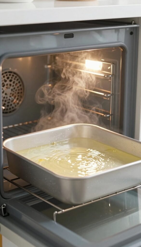 Oven interior with a baking dish of water and vinegar creating steam for cleaning