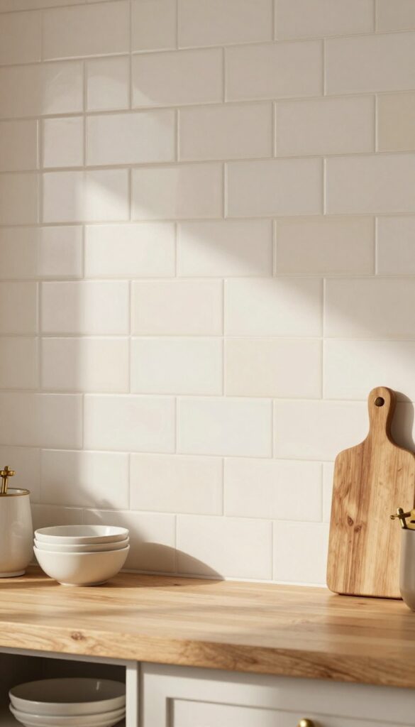 Warm cream subway tile backsplash in herringbone pattern with butcher-block countertop and brass fixtures