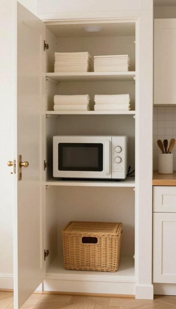 Open pantry with microwave on shelf, organized kitchen storage idea