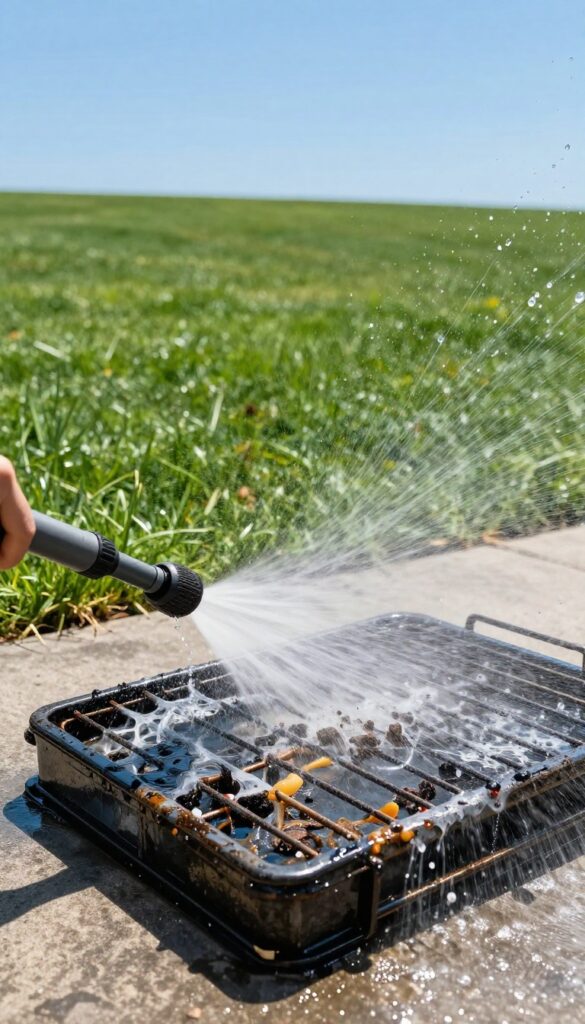 Pressure washing an oven rack outdoors to remove burnt grease