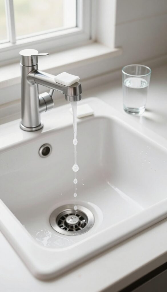 Foaming garbage disposal cleaner tablet in a kitchen sink