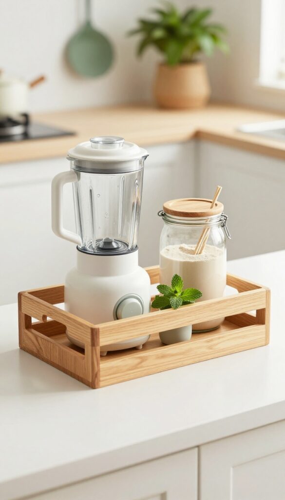 Light and airy kitchen countertop with a wooden caddy holding a blender, protein powder jar, and straws, next to a small mint plant.