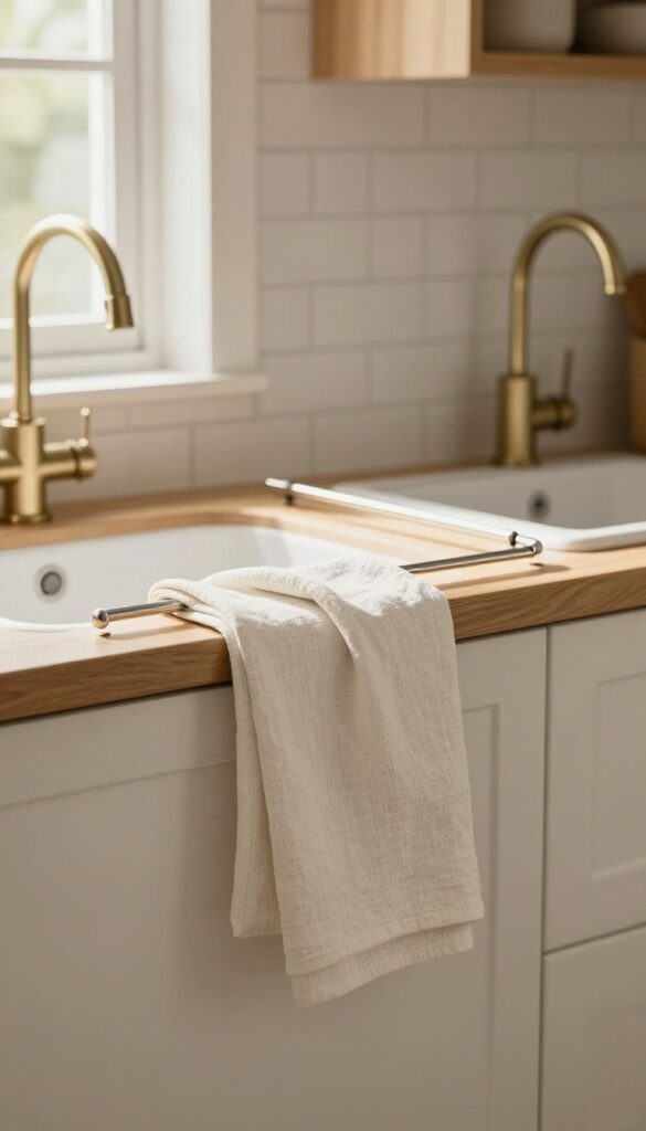 Kitchen with heated towel rail near sink, holding a linen dish towel, warm natural light, wooden countertops and white subway tile.
